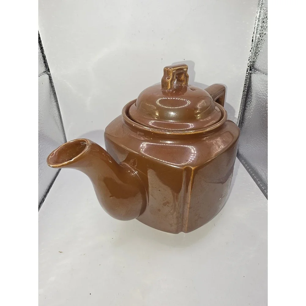 Vintage Brown Ceramic Teapot Made in Japan Art Deco Square Geometric Design